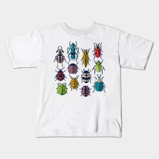 These don't bug me // spot // white background green yellow neon red orange pink blue and black and ivory retro paper cut beetles and insects Kids T-Shirt